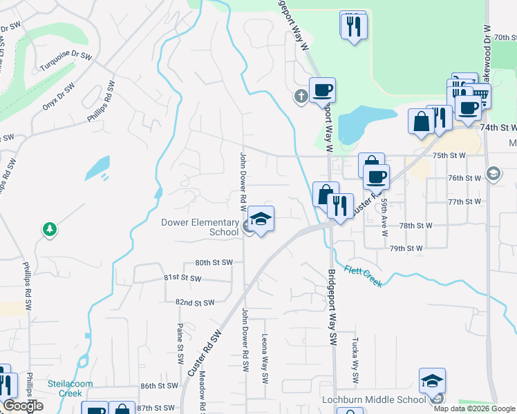 map of restaurants, bars, coffee shops, grocery stores, and more near 6409 78th Street West in Lakewood