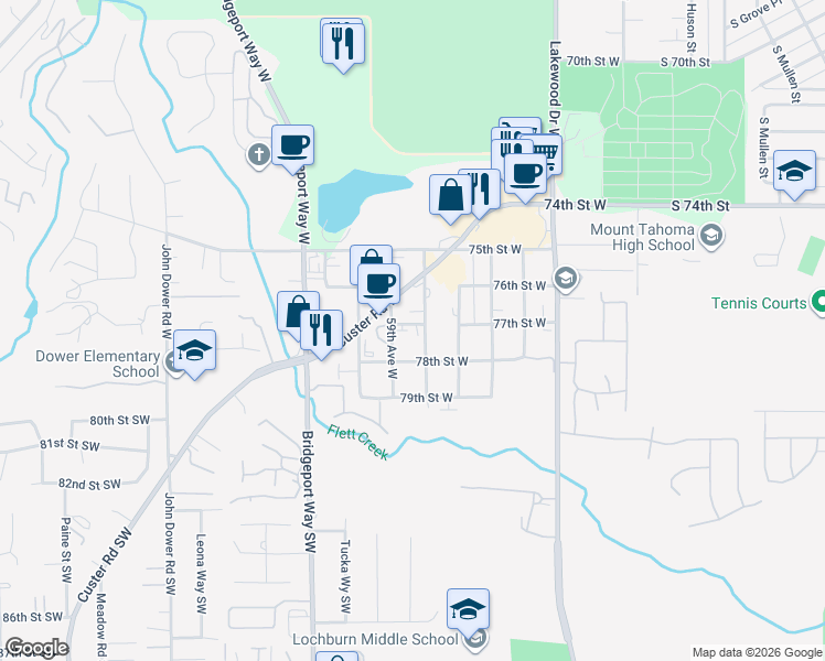 map of restaurants, bars, coffee shops, grocery stores, and more near 5812 77th Street West in Lakewood
