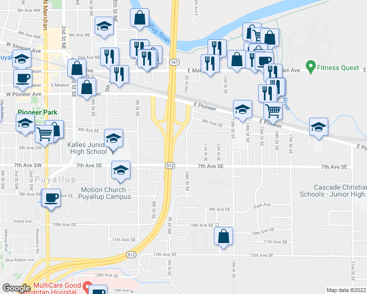 map of restaurants, bars, coffee shops, grocery stores, and more near 522 10th Street Southeast in Puyallup