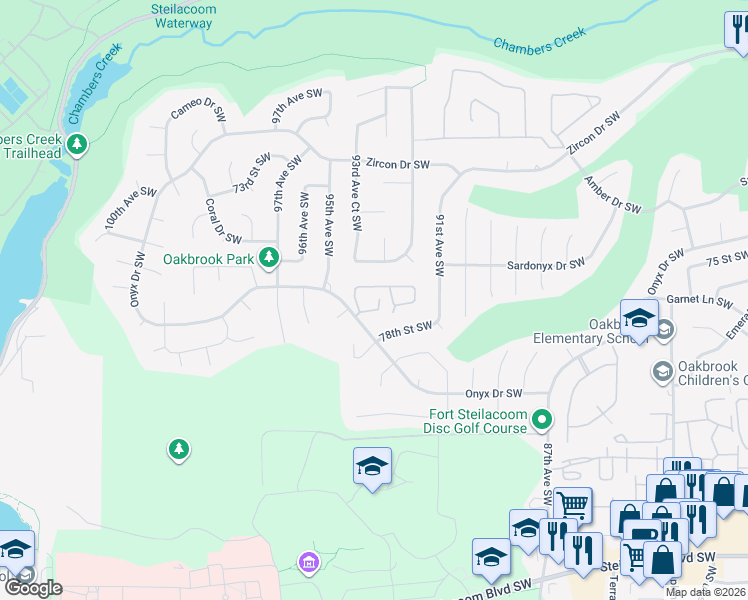 map of restaurants, bars, coffee shops, grocery stores, and more near 9220 77th Street Southwest in Tacoma