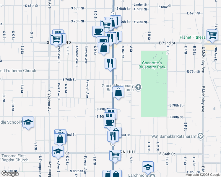 map of restaurants, bars, coffee shops, grocery stores, and more near 7630 Pacific Avenue in Tacoma