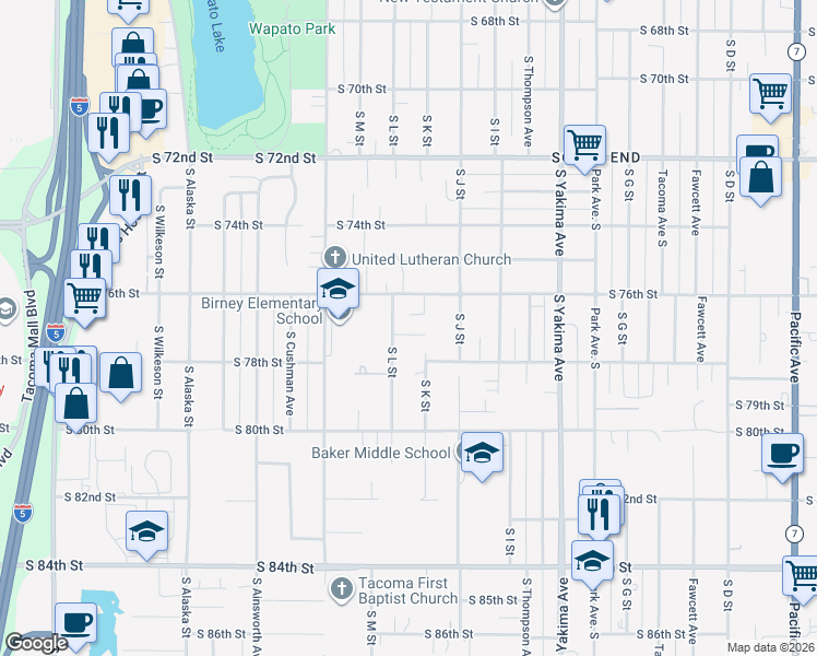 map of restaurants, bars, coffee shops, grocery stores, and more near 7701 South L Street in Tacoma