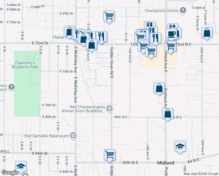 map of restaurants, bars, coffee shops, grocery stores, and more near 7704 Golden Given Road East in Tacoma