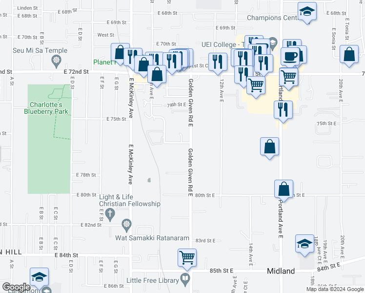 map of restaurants, bars, coffee shops, grocery stores, and more near 7704 Golden Given Road East in Tacoma