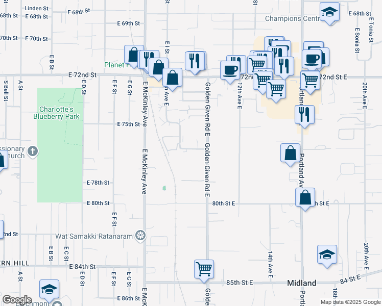 map of restaurants, bars, coffee shops, grocery stores, and more near 7704 Golden Given Road East in Tacoma