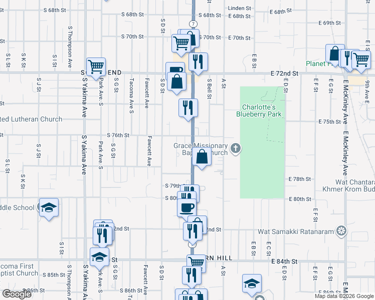 map of restaurants, bars, coffee shops, grocery stores, and more near 7630 Pacific Avenue in Tacoma