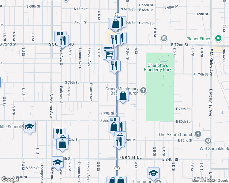 map of restaurants, bars, coffee shops, grocery stores, and more near 7630 Pacific Avenue in Tacoma