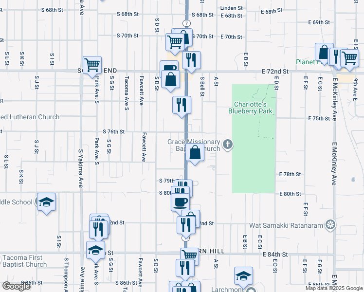 map of restaurants, bars, coffee shops, grocery stores, and more near 7630 Pacific Avenue in Tacoma