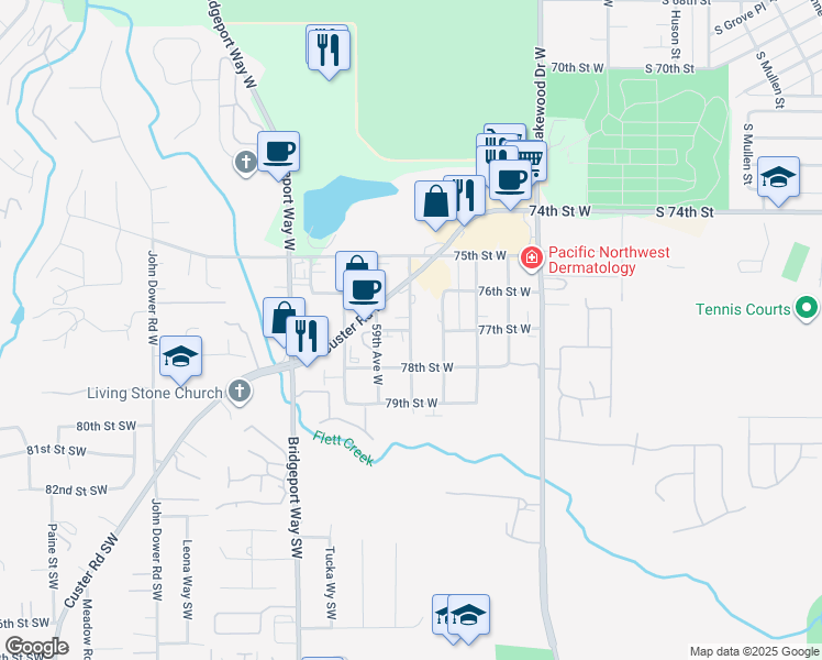map of restaurants, bars, coffee shops, grocery stores, and more near Burgess Avenue West in Lakewood