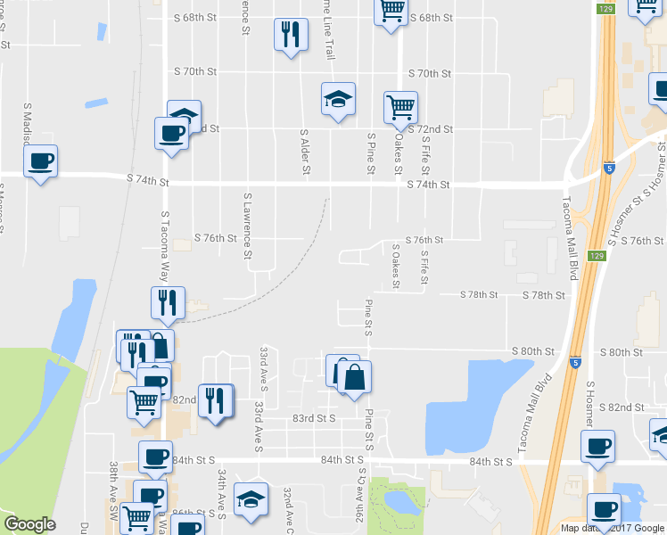map of restaurants, bars, coffee shops, grocery stores, and more near 7622 South Clement Avenue in Tacoma