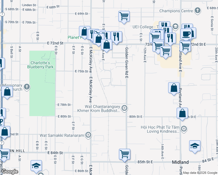 map of restaurants, bars, coffee shops, grocery stores, and more near 912 76th Street Court East in Tacoma