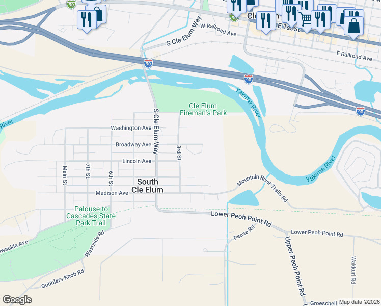 map of restaurants, bars, coffee shops, grocery stores, and more near 220 Sage Brook Lane in Cle Elum