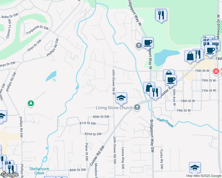 map of restaurants, bars, coffee shops, grocery stores, and more near 6520 77th Street West in Tacoma