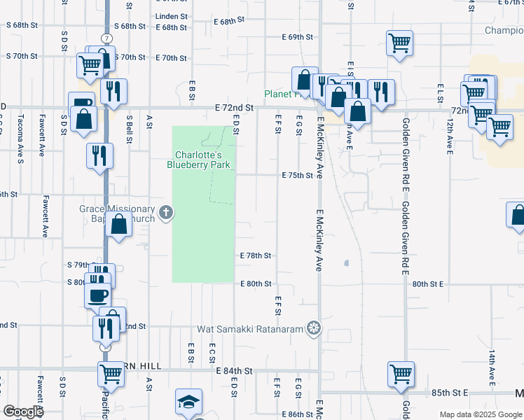 map of restaurants, bars, coffee shops, grocery stores, and more near 7558 East F Street in Tacoma