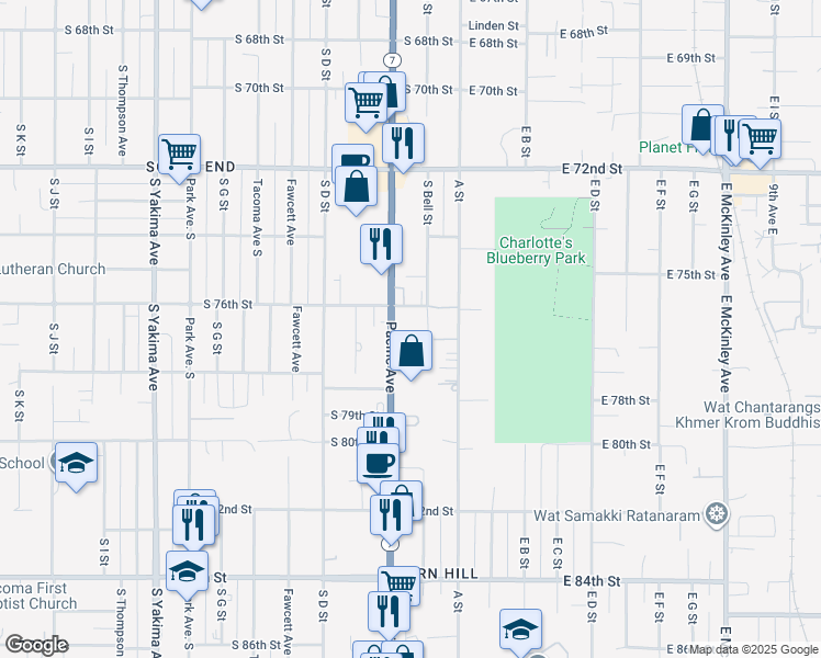 map of restaurants, bars, coffee shops, grocery stores, and more near 7637 Pacific Avenue in Tacoma
