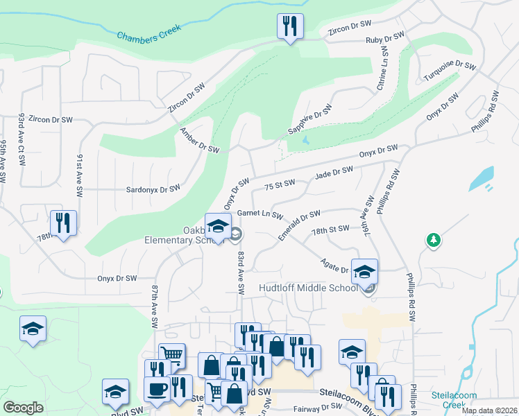 map of restaurants, bars, coffee shops, grocery stores, and more near 8113 Oakbrook Lane Southwest in Lakewood