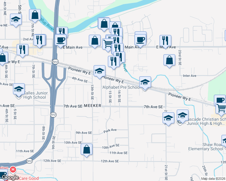 map of restaurants, bars, coffee shops, grocery stores, and more near 606 16th Street Southeast in Puyallup