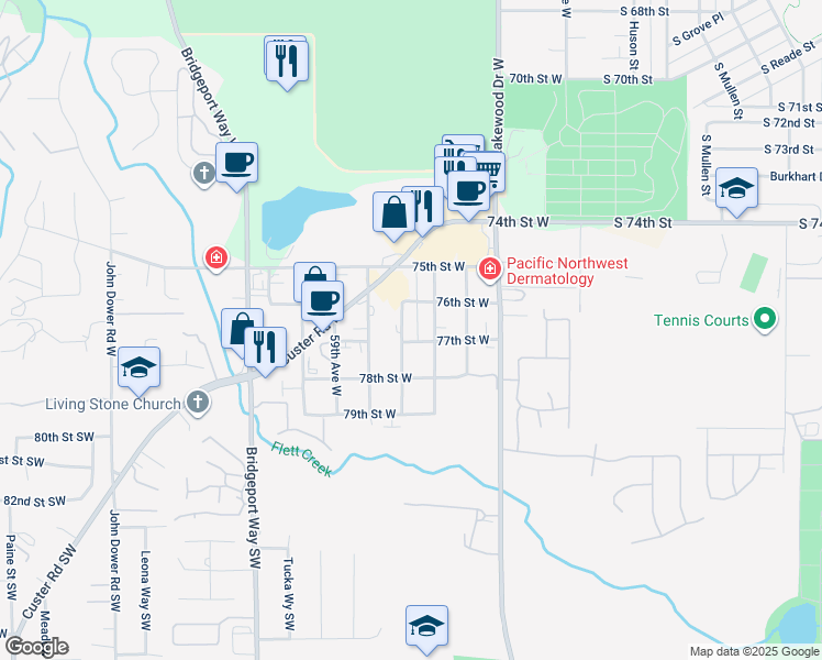 map of restaurants, bars, coffee shops, grocery stores, and more near 7704 Douglas Street West in Lakewood