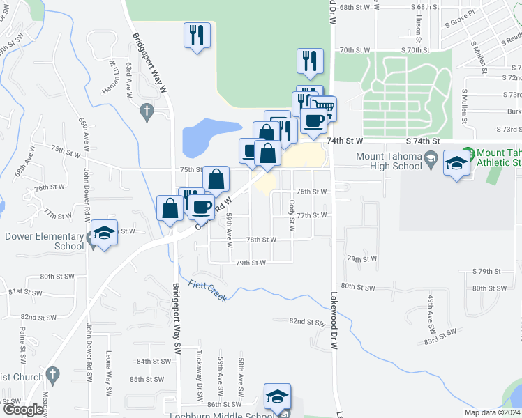 map of restaurants, bars, coffee shops, grocery stores, and more near 7704 Douglas Street West in Lakewood