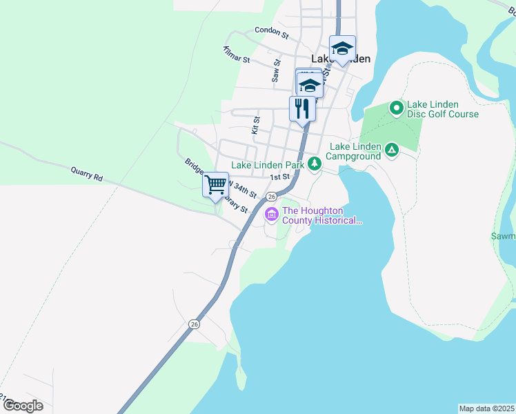 map of restaurants, bars, coffee shops, grocery stores, and more near Highway 26 in Lake Linden