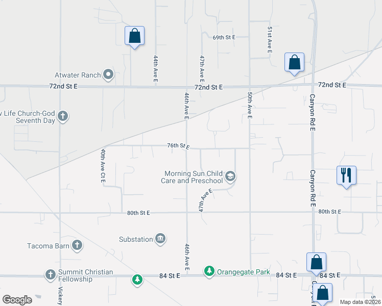 map of restaurants, bars, coffee shops, grocery stores, and more near 4701 76th Street East in Tacoma