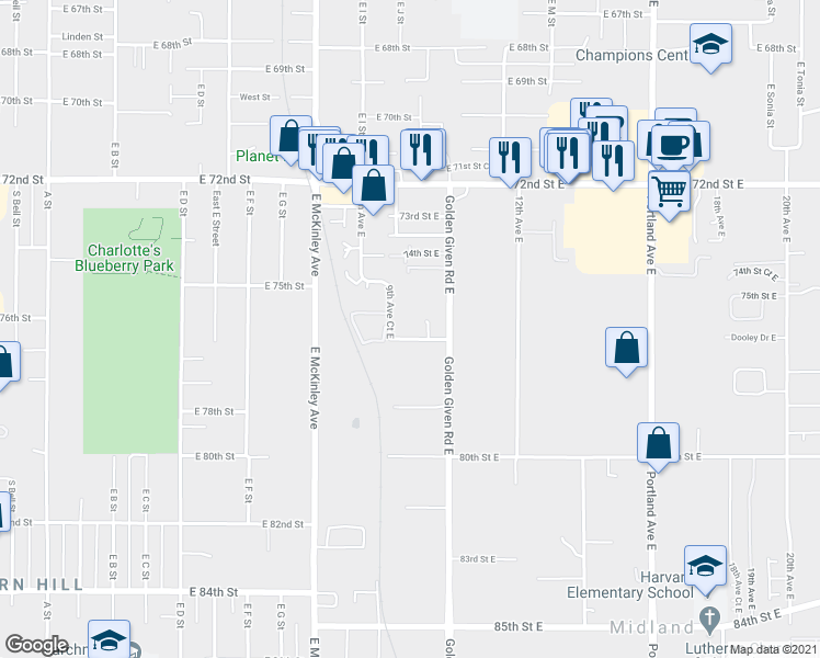 map of restaurants, bars, coffee shops, grocery stores, and more near 7521 10th Avenue Court East in Tacoma