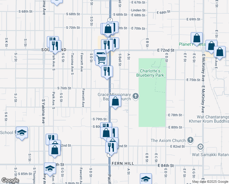 map of restaurants, bars, coffee shops, grocery stores, and more near 7444 South Bell Street in Tacoma