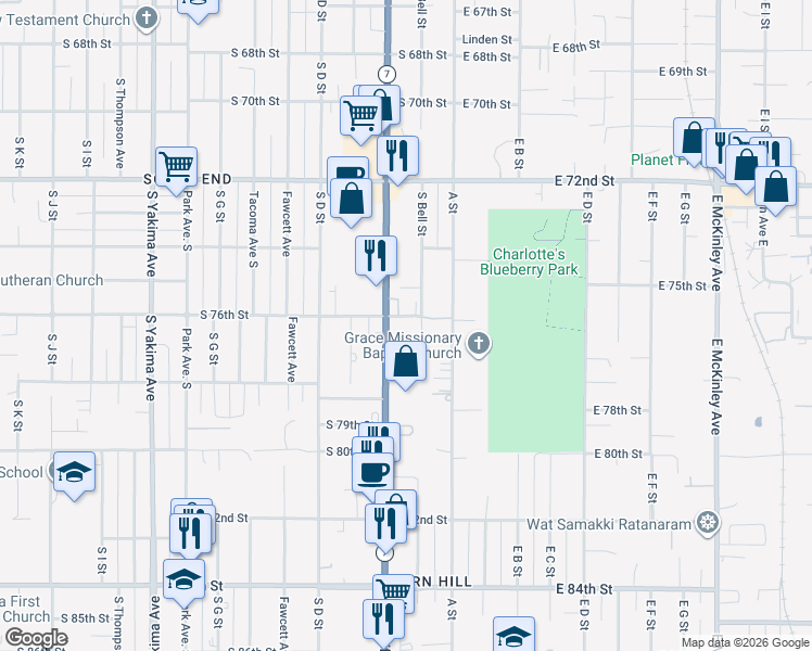 map of restaurants, bars, coffee shops, grocery stores, and more near 7444 South Bell Street in Tacoma