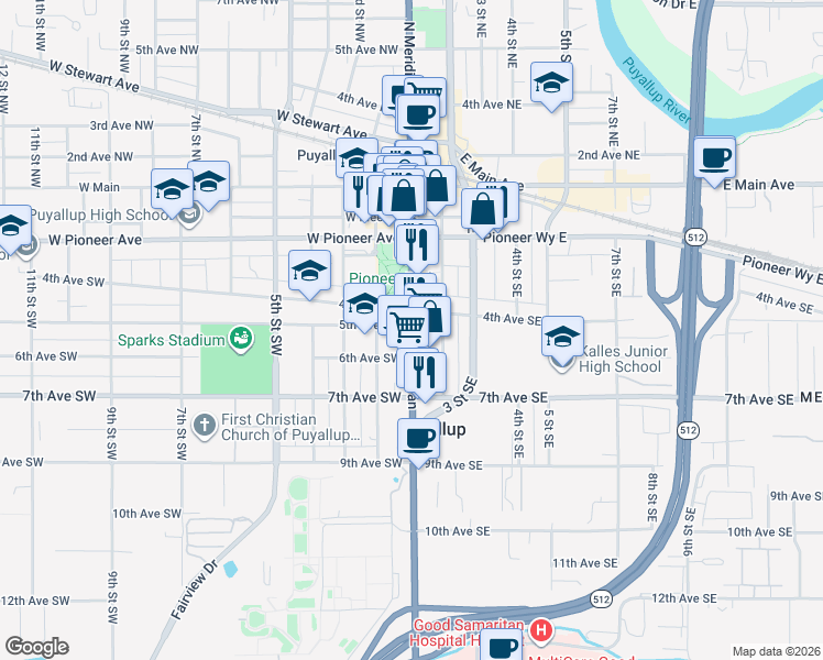 map of restaurants, bars, coffee shops, grocery stores, and more near 401 South Meridian in Puyallup