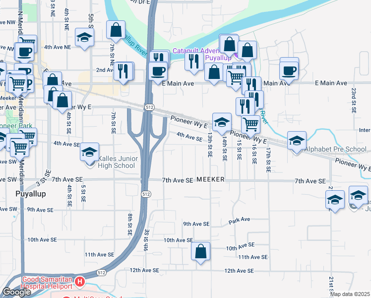 map of restaurants, bars, coffee shops, grocery stores, and more near 1026 4th Avenue Southeast in Puyallup