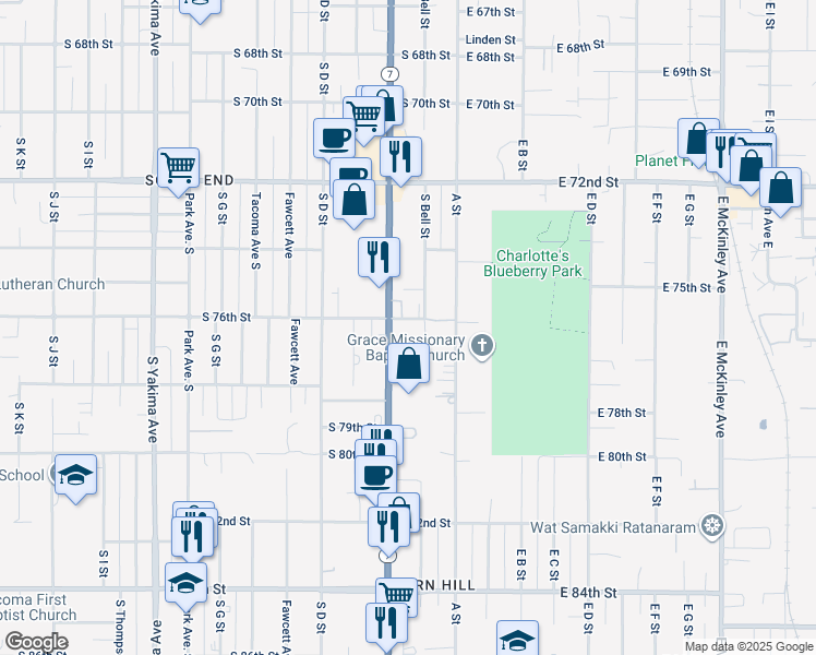 map of restaurants, bars, coffee shops, grocery stores, and more near 7444 South Bell Street in Tacoma