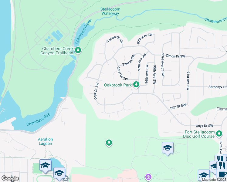 map of restaurants, bars, coffee shops, grocery stores, and more near 9809 76th Street Southwest in Tacoma