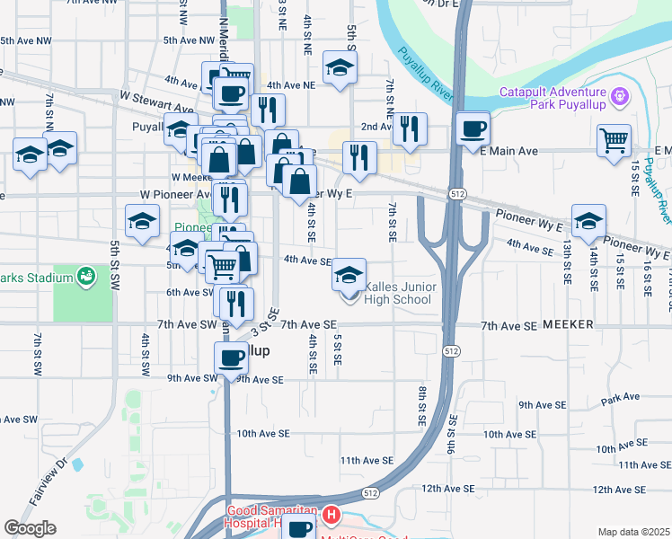 map of restaurants, bars, coffee shops, grocery stores, and more near 500 4th Avenue Southeast in Puyallup