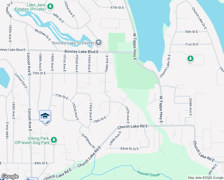 map of restaurants, bars, coffee shops, grocery stores, and more near 7620 194th Avenue East in Bonney Lake