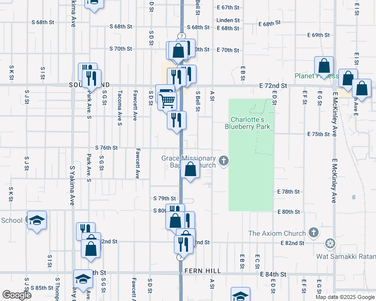 map of restaurants, bars, coffee shops, grocery stores, and more near 7444 South Bell Street in Tacoma