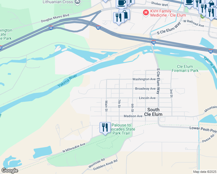 map of restaurants, bars, coffee shops, grocery stores, and more near 716 Broadway Avenue in South Cle Elum