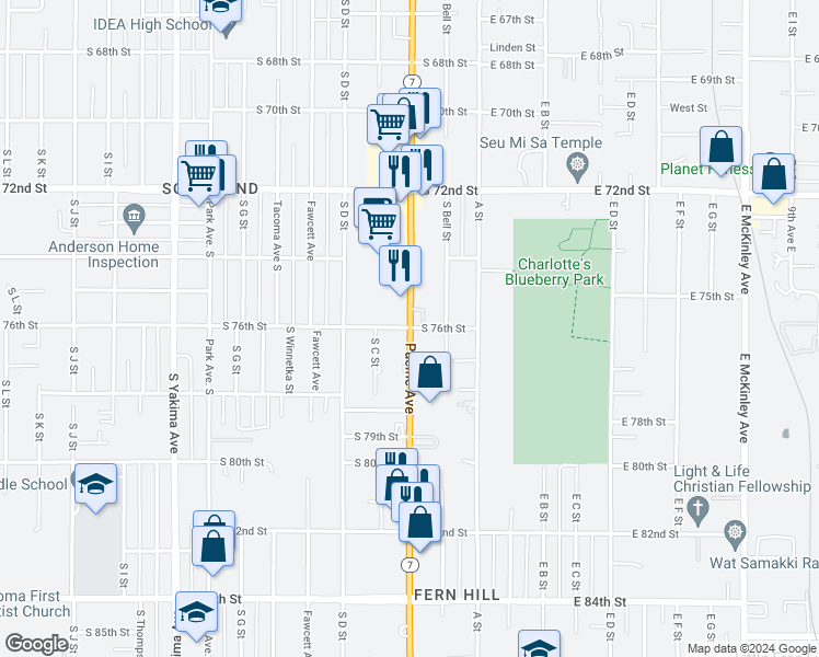 map of restaurants, bars, coffee shops, grocery stores, and more near 7448 Pacific Avenue in Tacoma