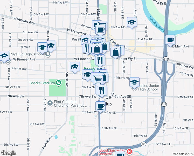 map of restaurants, bars, coffee shops, grocery stores, and more near 400 South Meridian in Puyallup