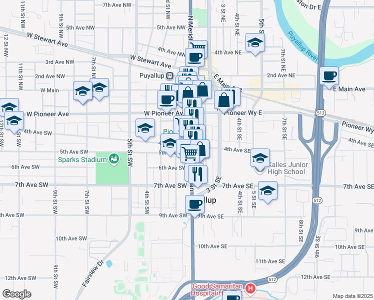 map of restaurants, bars, coffee shops, grocery stores, and more near 400 South Meridian in Puyallup