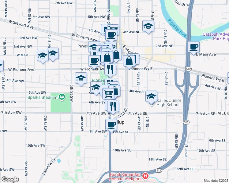 map of restaurants, bars, coffee shops, grocery stores, and more near 401 South Meridian in Puyallup