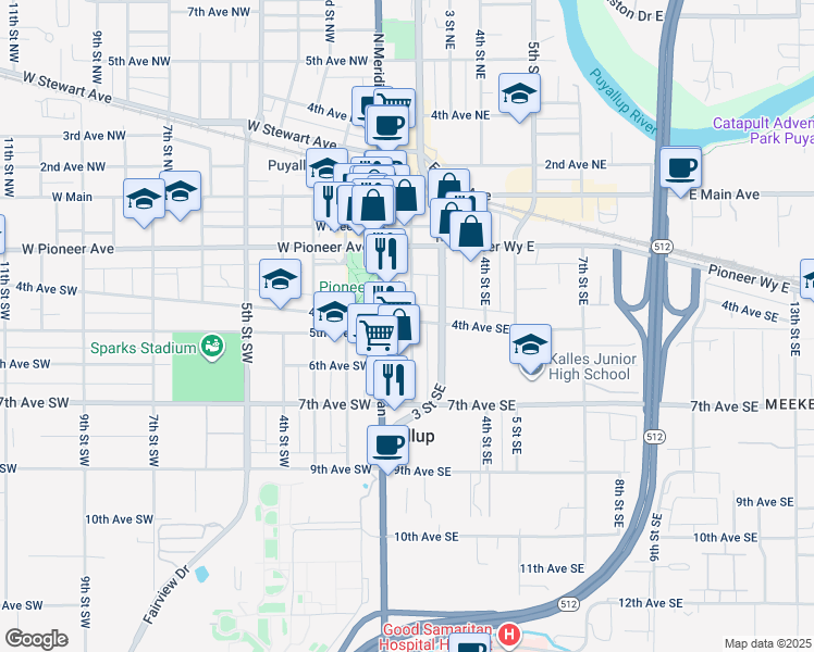 map of restaurants, bars, coffee shops, grocery stores, and more near 207 4th Avenue Southeast in Puyallup