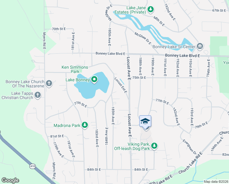 map of restaurants, bars, coffee shops, grocery stores, and more near 7516 185th Avenue East in Bonney Lake