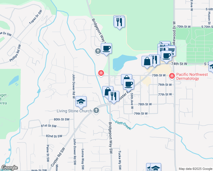 map of restaurants, bars, coffee shops, grocery stores, and more near 7516 Bridgeport Way West in Lakewood