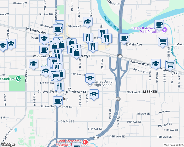 map of restaurants, bars, coffee shops, grocery stores, and more near 515 4th Avenue Southeast in Puyallup