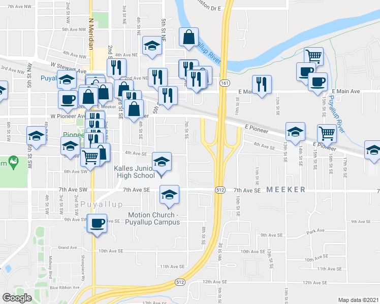 map of restaurants, bars, coffee shops, grocery stores, and more near 359 7th Street Southeast in Puyallup