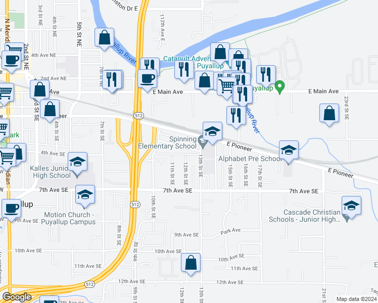 map of restaurants, bars, coffee shops, grocery stores, and more near 1202 4th Avenue Southeast in Puyallup