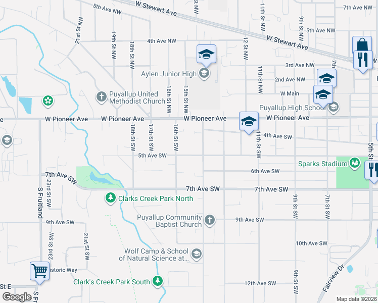 map of restaurants, bars, coffee shops, grocery stores, and more near 1419 5th Avenue Southwest in Puyallup