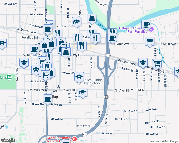 map of restaurants, bars, coffee shops, grocery stores, and more near 354 7th Street Southeast in Puyallup