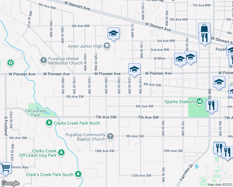 map of restaurants, bars, coffee shops, grocery stores, and more near 430 13th Street Southwest in Puyallup