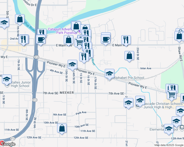 map of restaurants, bars, coffee shops, grocery stores, and more near 1699 East Pioneer in Puyallup